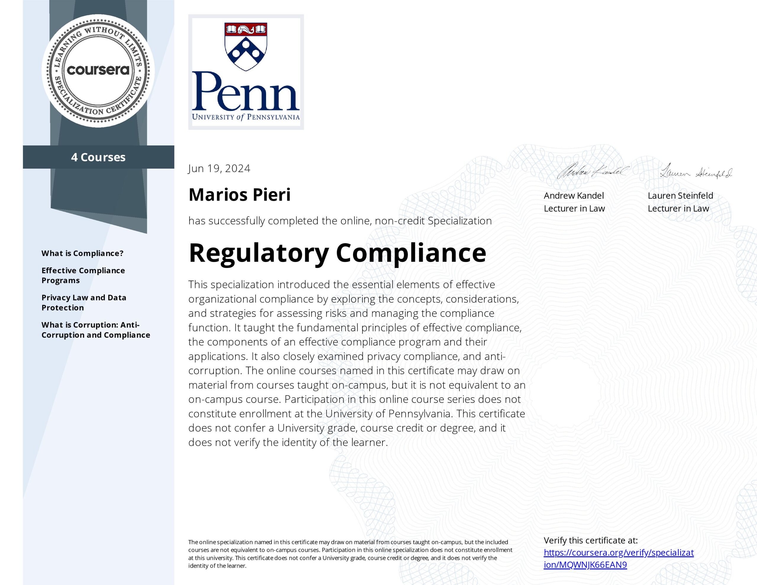 Regulatory Compliance SPECIALIZATION